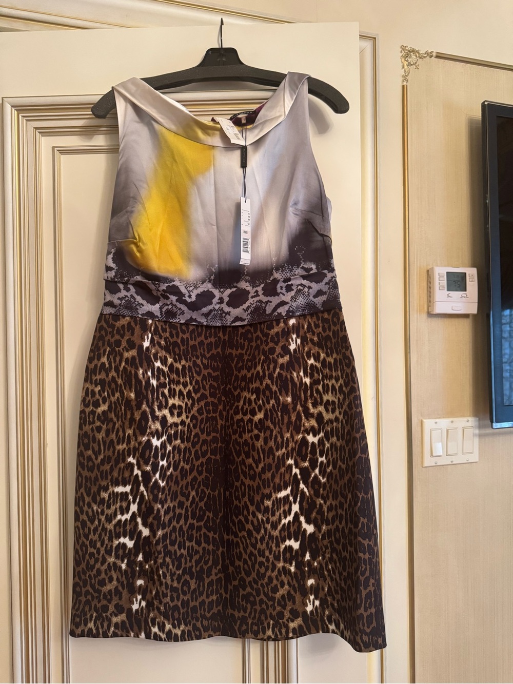Elie Tahari Sleeveless Mixed-Print Midi Dress in Yellow, Gray & Brown Leopard